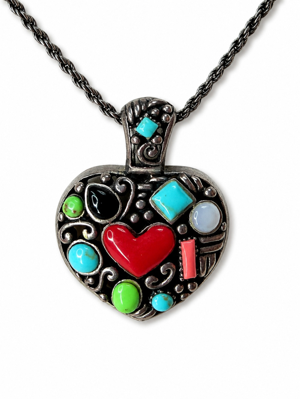 925 Sterling Silver Colorful Inlay Heart Pendant Necklace Southwestern Artisan